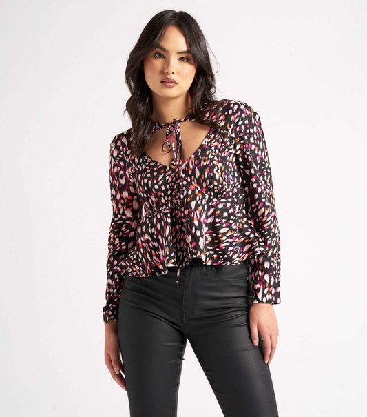 New Look Urban Bliss Black Animal Print Tie Neck Blouse (UK size)