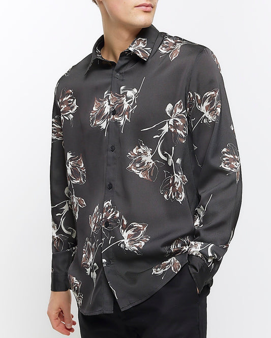 River Island Black regular fit sateen floral shirt