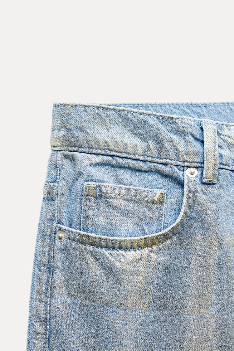 ZARA ZW Collection Relaxed Fit Mid Rise Foil Jeans -Gold