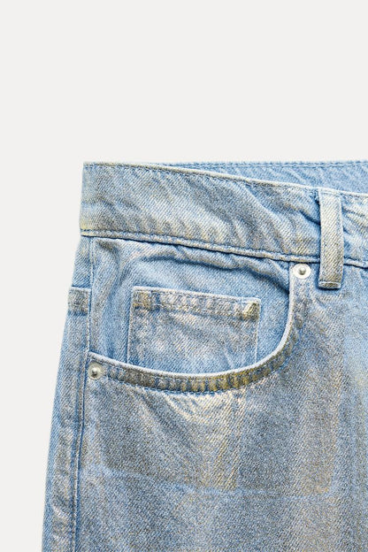 ZARA ZW Collection Relaxed Fit Mid Rise Foil Jeans -Gold