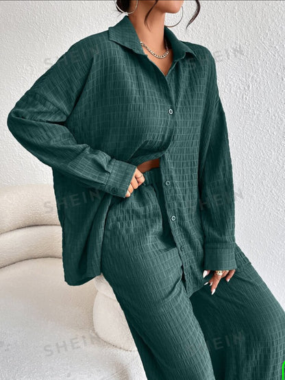 SHEIN Essnce Solid Drop Shoulder Co-ord Set (Green)