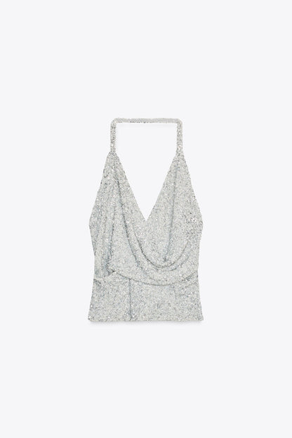 Zara Silver Halter Top Sequinned