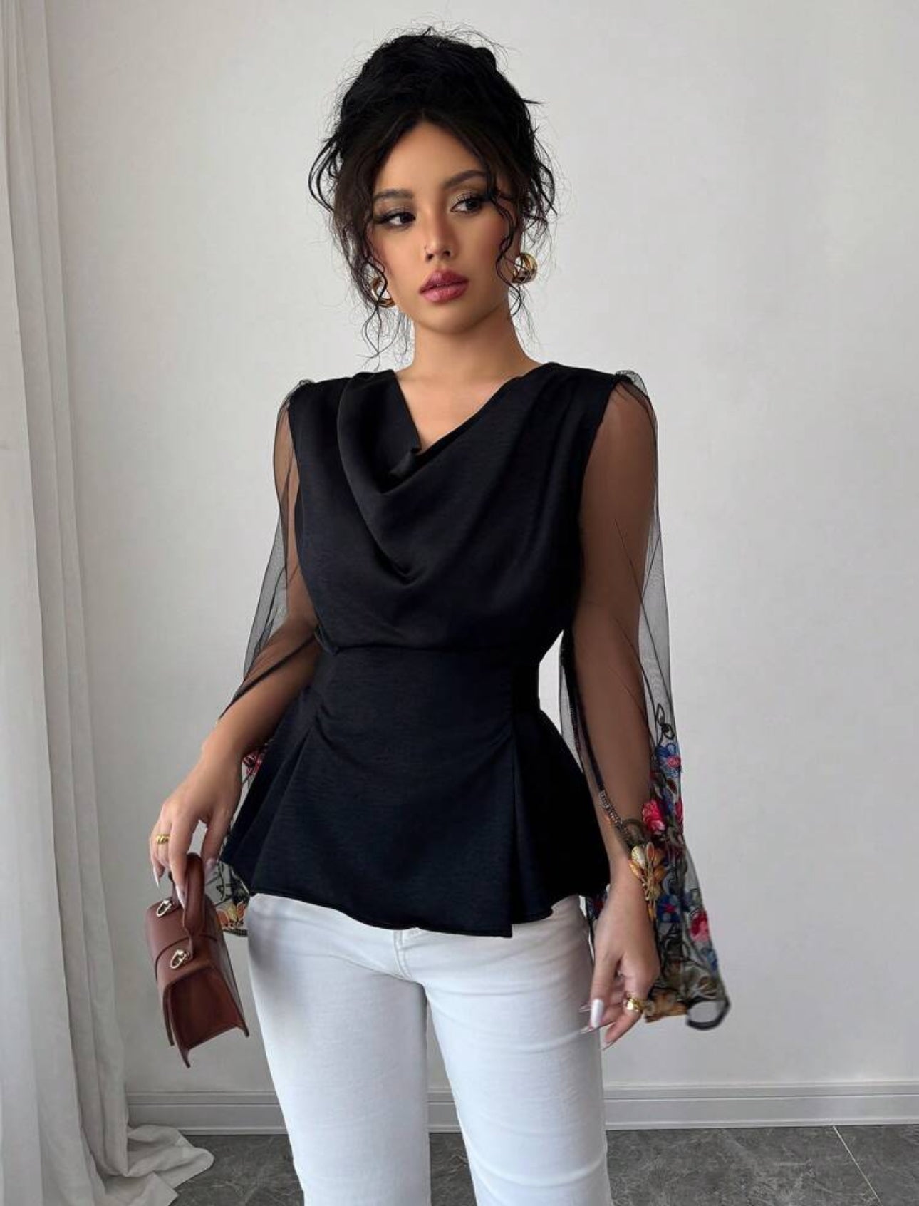 Shein Elegent Embroided Draped Neck Shirt