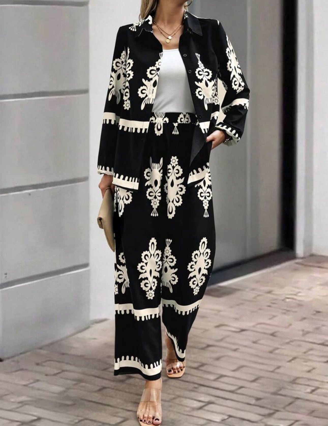 SHEIN  Classi Women Random Print Front Button Long Sleeve Cord-Set