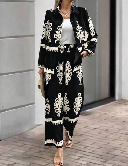 SHEIN  Classi Women Random Print Front Button Long Sleeve Cord-Set