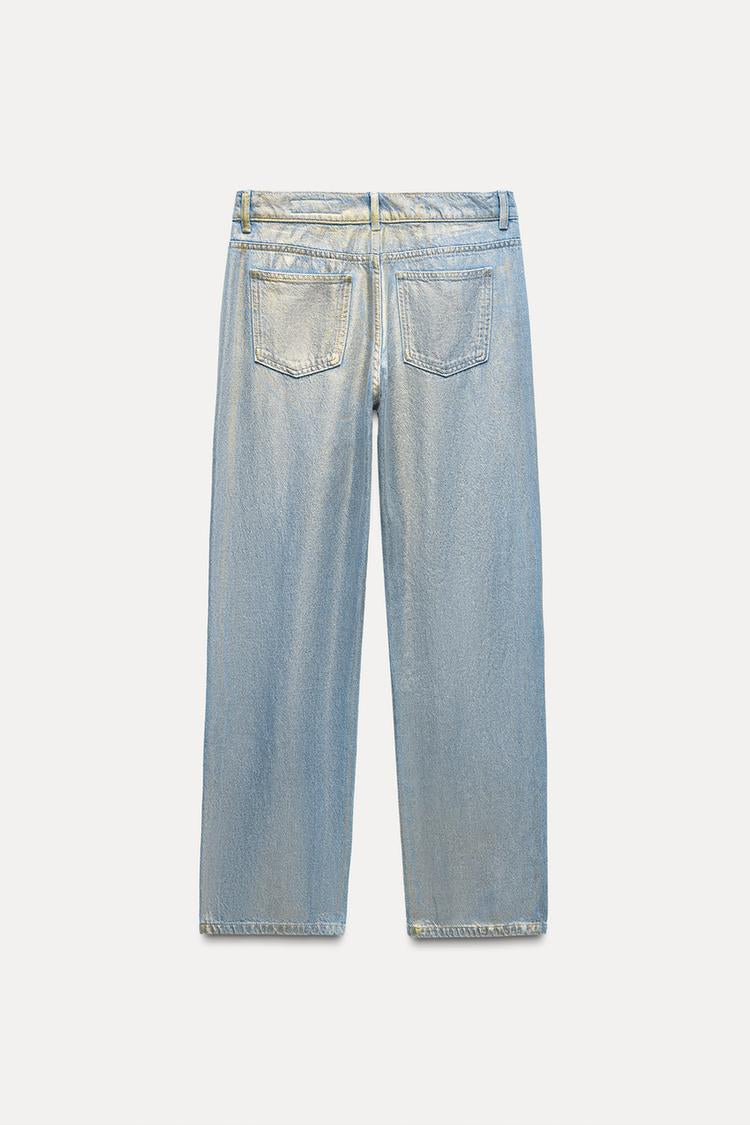 ZARA ZW Collection Relaxed Fit Mid Rise Foil Jeans -Gold