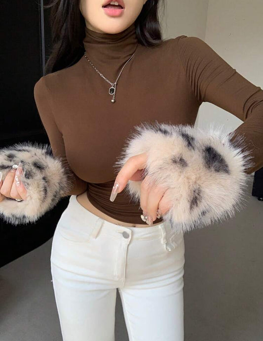 Shein Leopard Print Fluffy Patchwork SlimFit TurtleNeck Long Sleeve Shirt