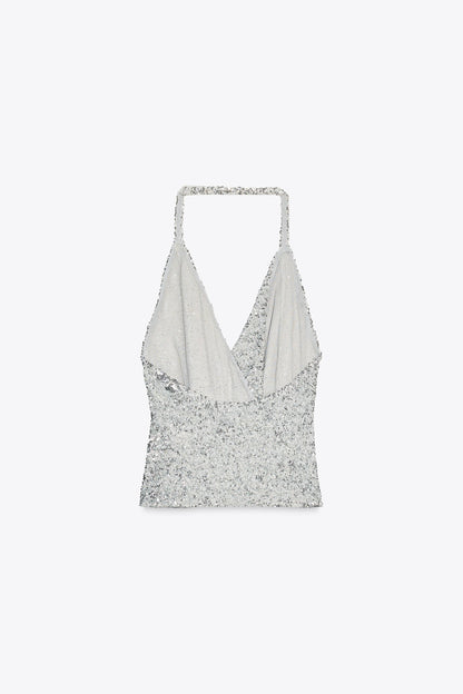 Zara Silver Halter Top Sequinned