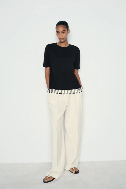 ZARA Jewel Fringe T Shirt - Black