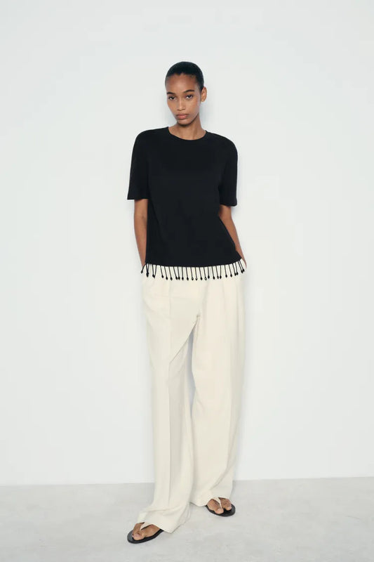 ZARA Jewel Fringe T Shirt - Black