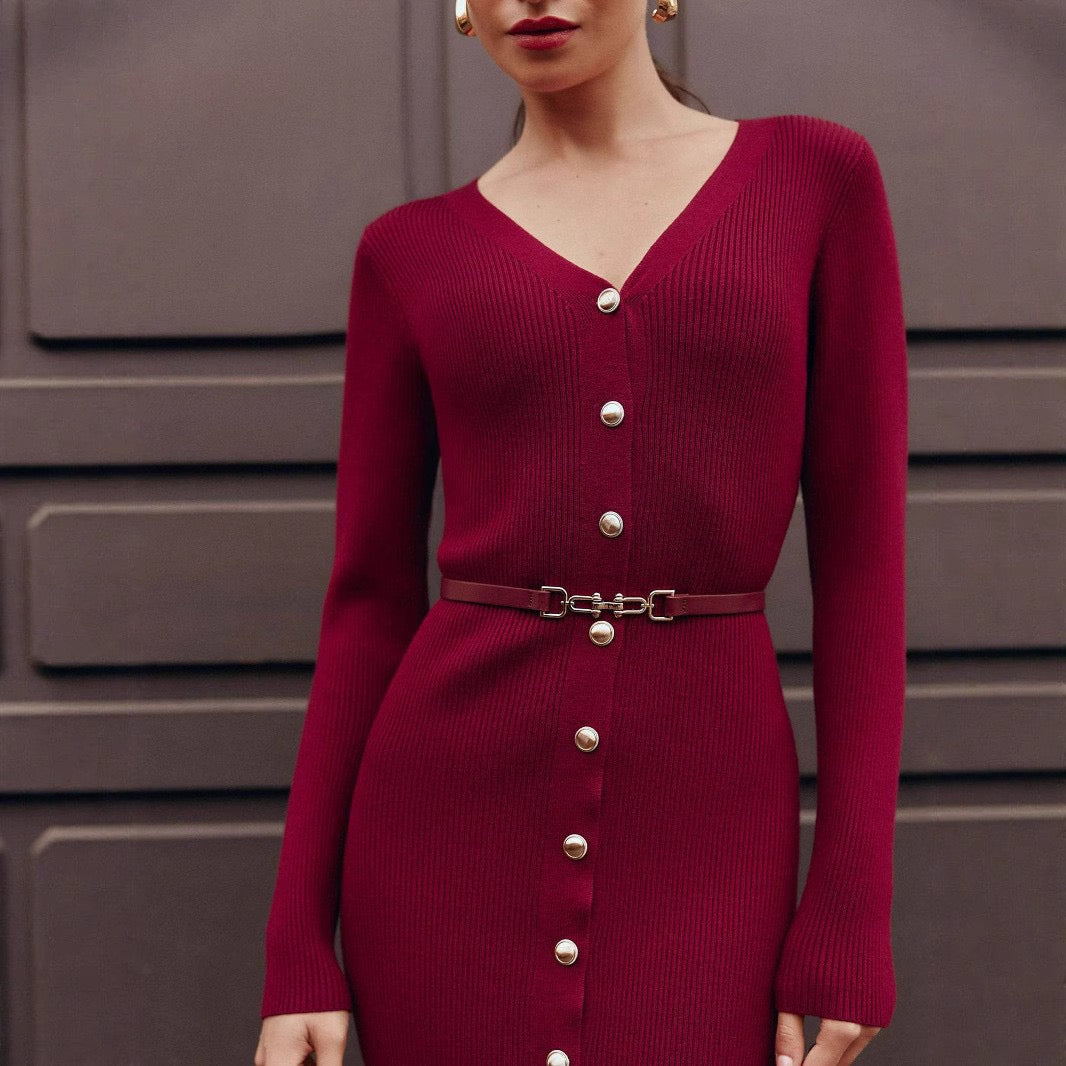 SHEIN Burgundy Knitted Sweater Dress With Belt