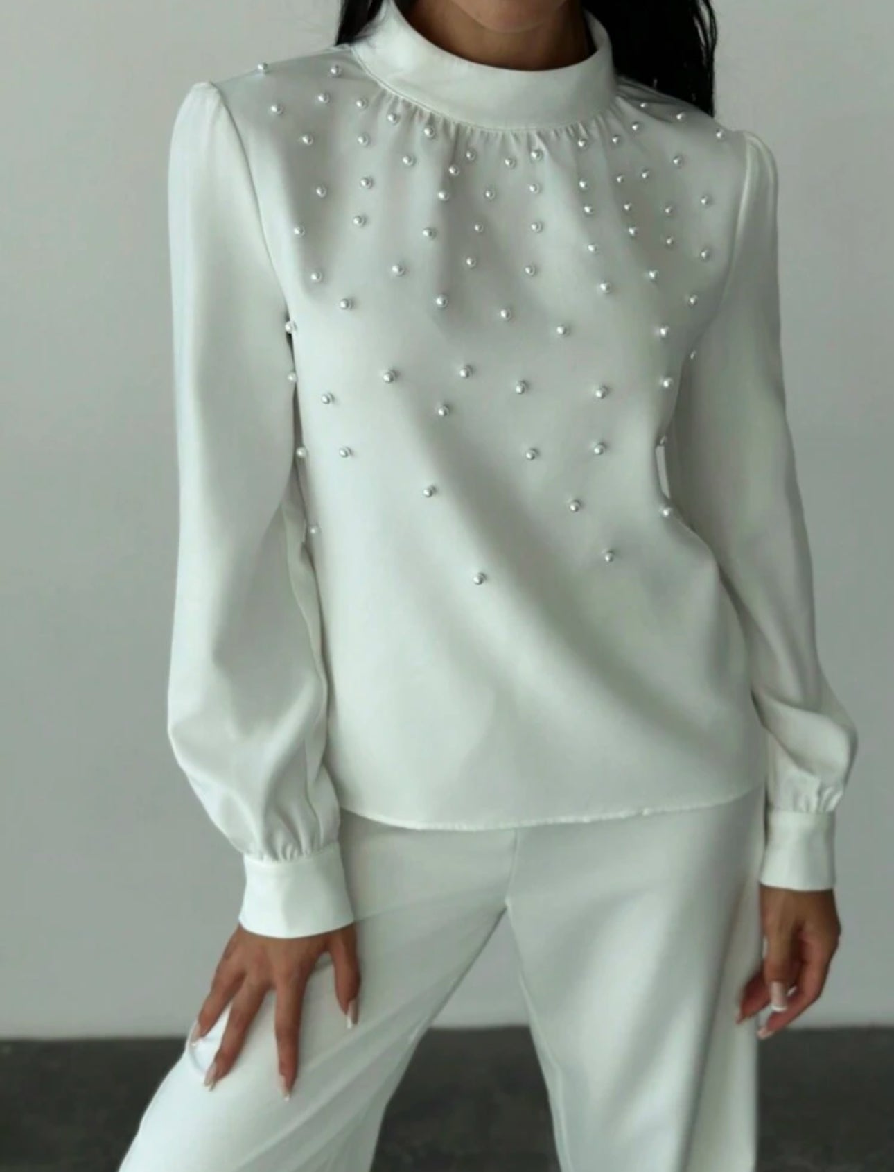 SHEIN Firerie Women Elegent Romantic Pearl Décor Ruched Long Sleeve
