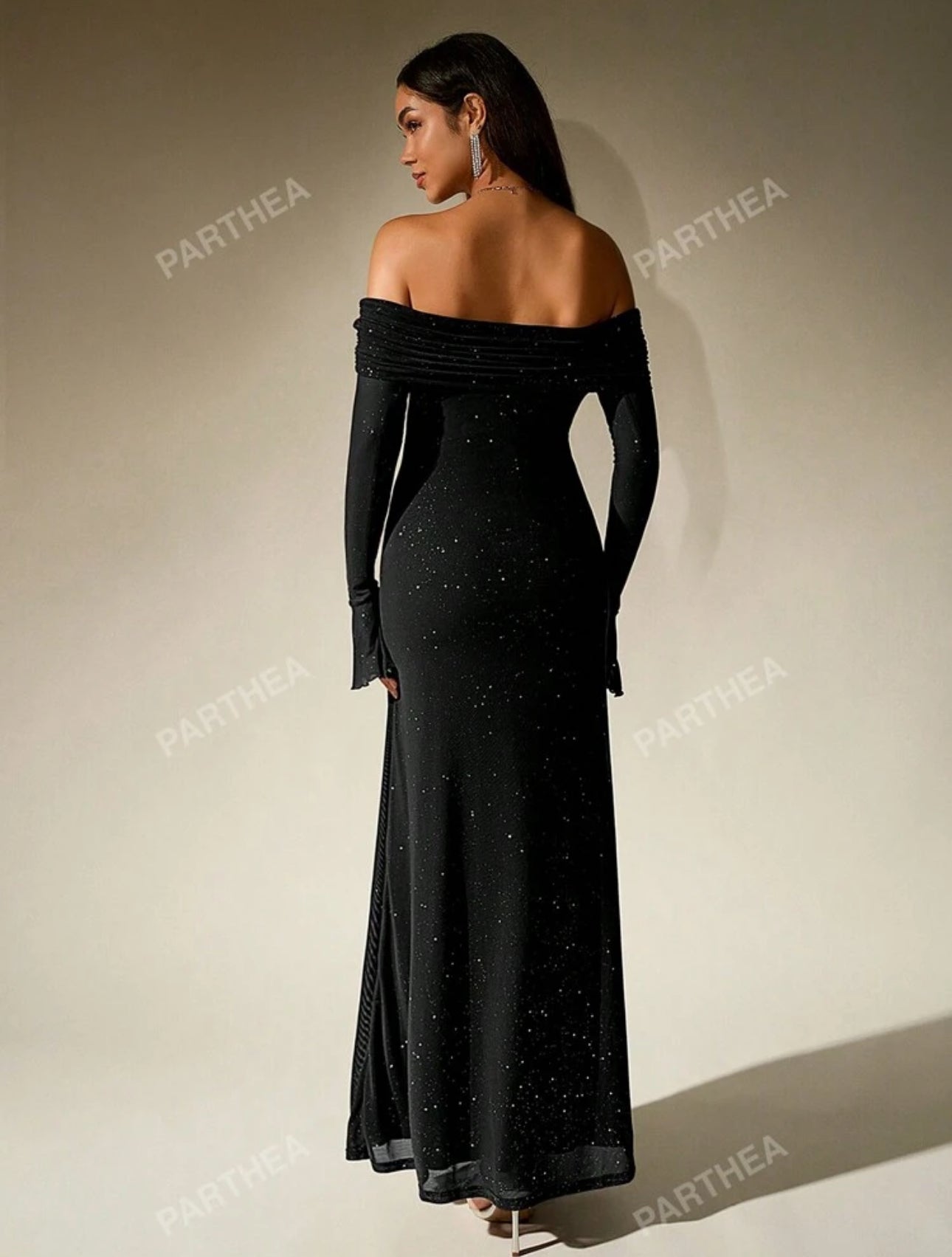 Shein Off shoulder Mesh Long Dress (Black)