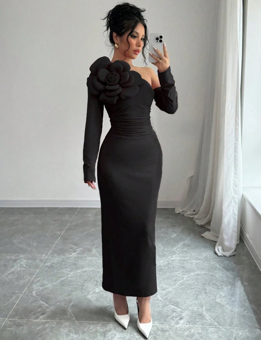 Shein Prive Women Oblique Collar Floral Print Ruched Waist Dress