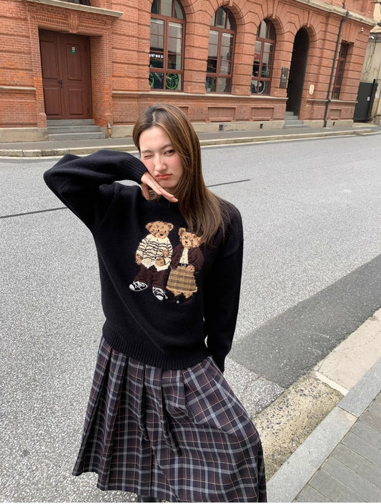 SHEIN Cartoon Bear Embroided loose Sweater -BLACK
