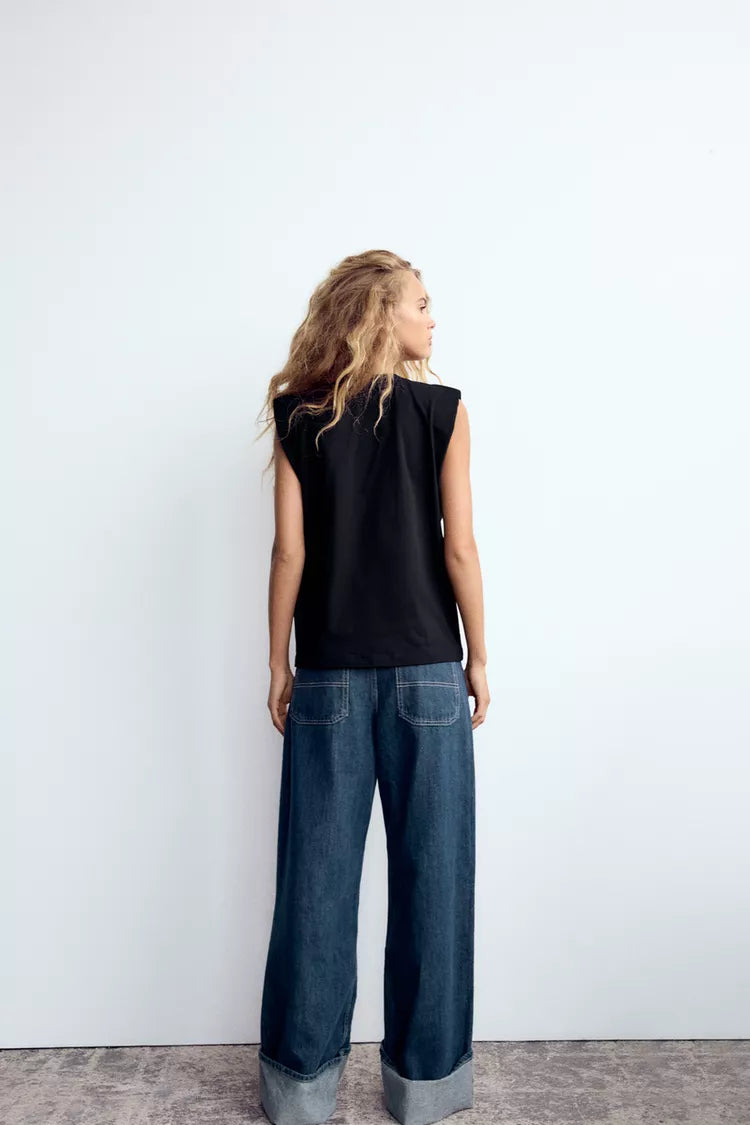 ZARA T-Shirt With Padded Shoulder & Rhinestones -Black