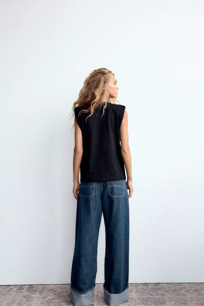 ZARA T-Shirt With Padded Shoulder & Rhinestones -Black
