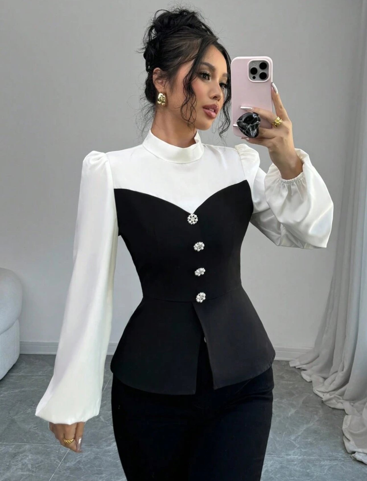 Shein Elenzga Contrast Color Standing Collar  fitted Women Shirt