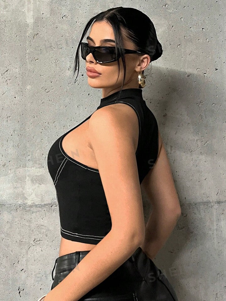 SHEIN ICON Graphic Print Top- Stitching Crop Black Tank Top