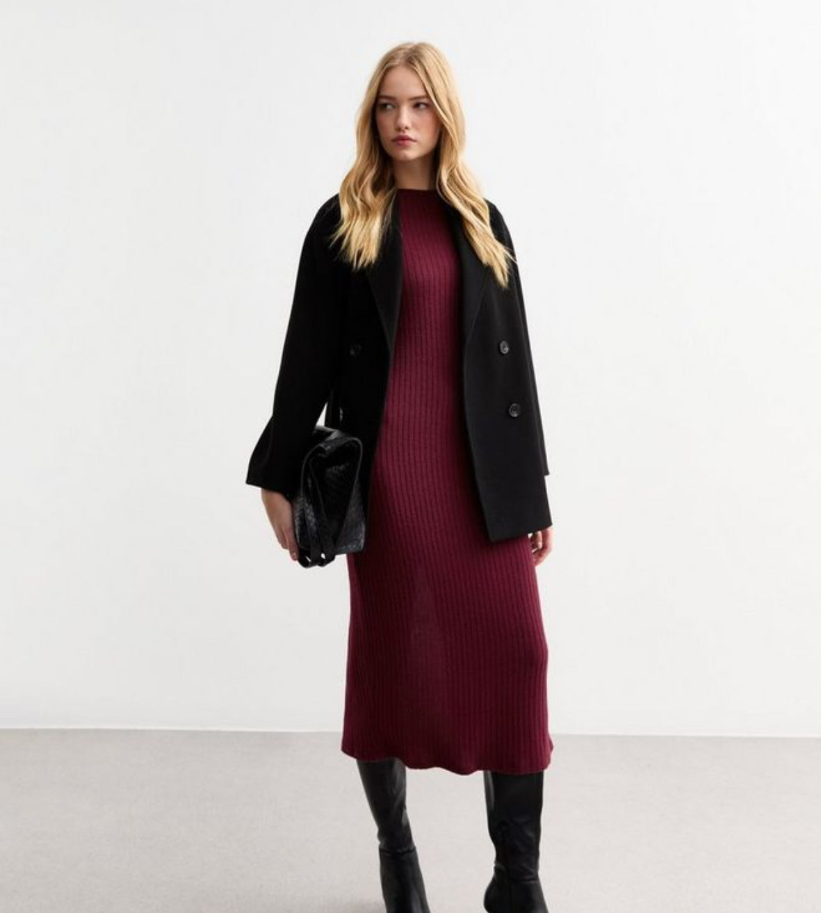 NEW LOOK Burgundy Ribbed Crew Neck Midi Dress
