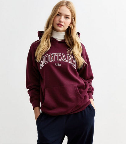 NEW LOOK Burgundy Montana Embroided Jersey Hoodie