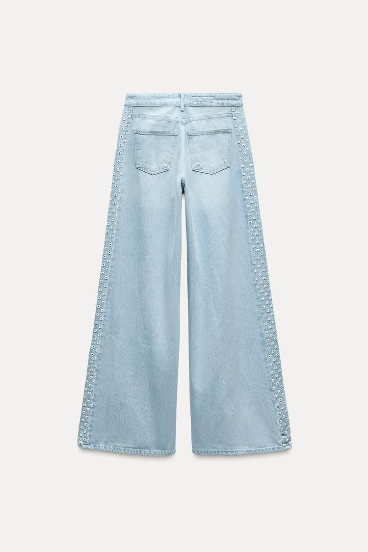 ZARA Wide Leg High Waist jeans With cutwork Embroidery -Mid Blue