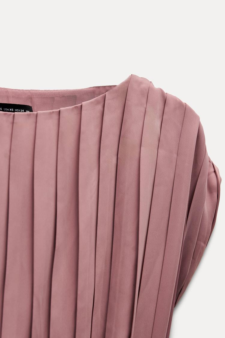 ZARA Pleated Dress With Belt - Marsala