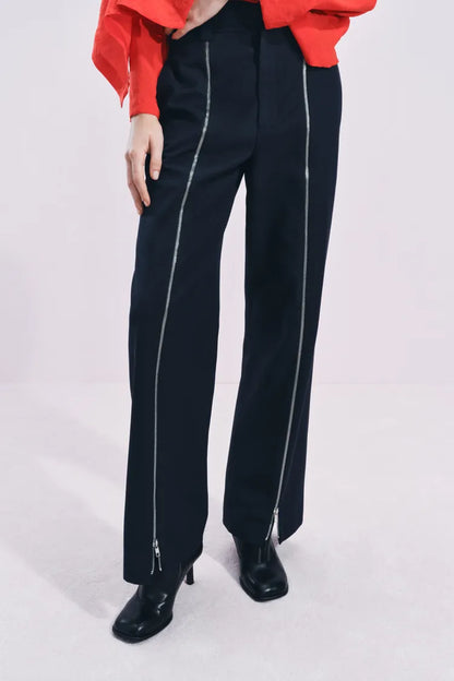 ZARA ZW Collection Straight Trouser With Zip -Blue
