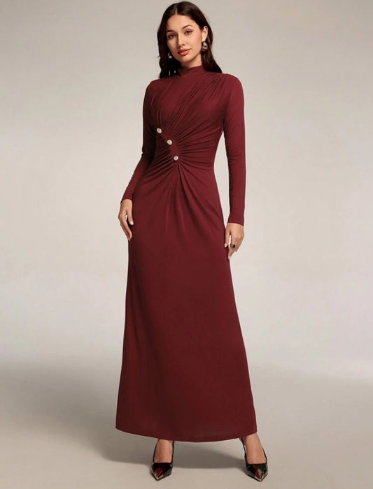 Shein Modely Women Solid Stand Collar Long Sleeve Pleated Waist Burgundy