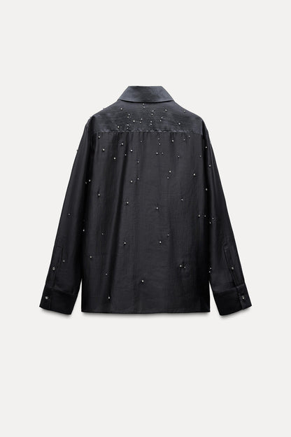 ZARA ZW Collection Embroided Shirt With Jewels-Dark Grey