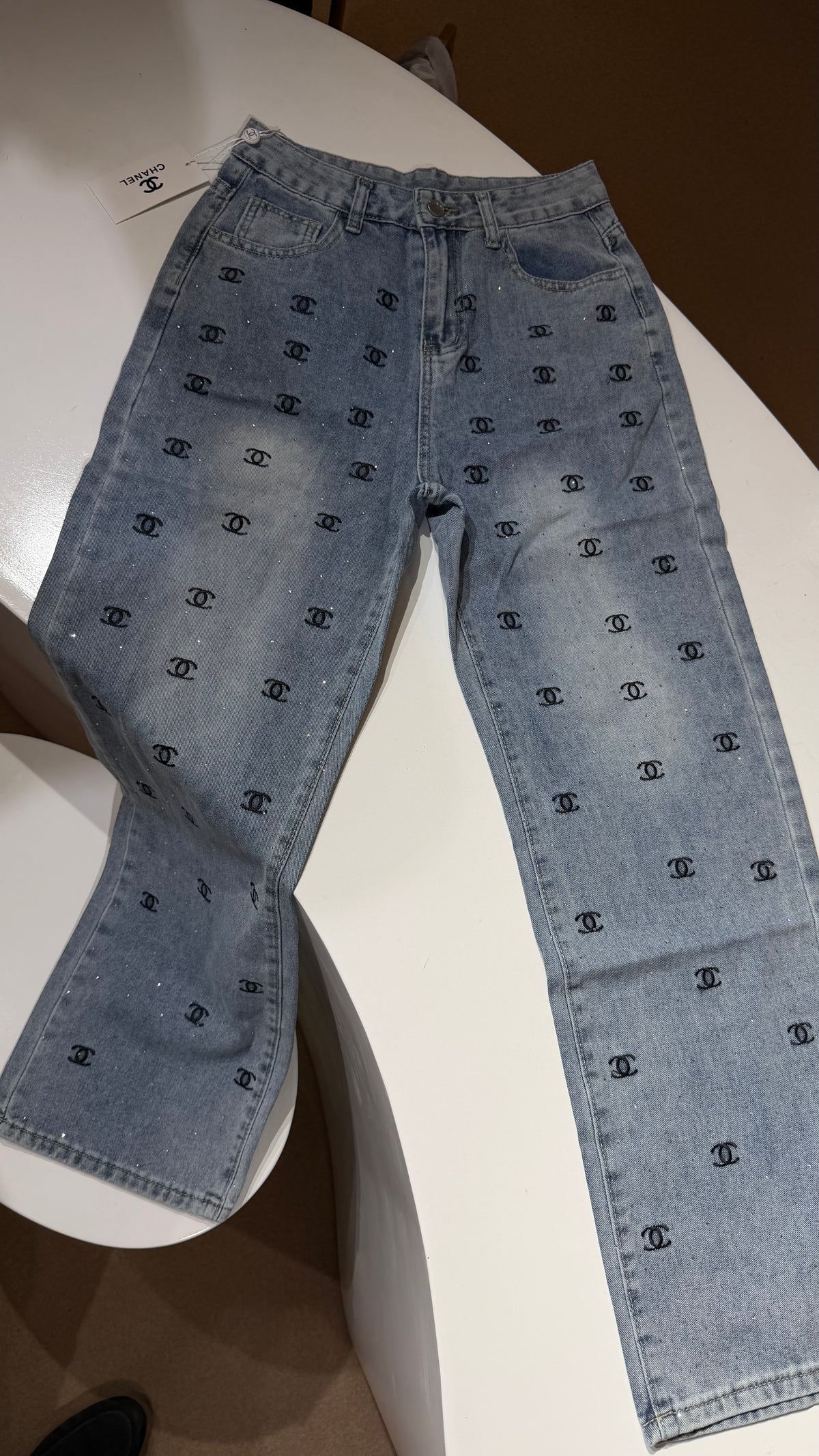 Chan-nel Rhinestone Embellished Jeans-Dupe