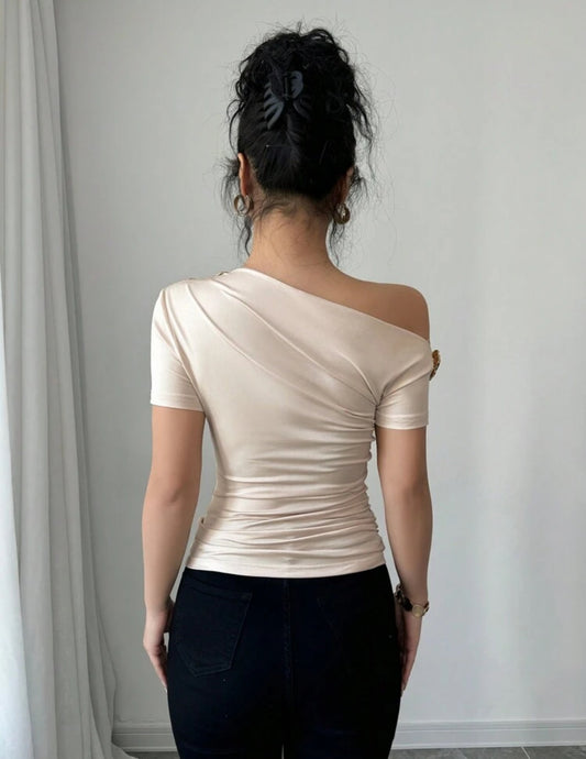 Shein Asymmetrical Neckline Metal Décor Apricot