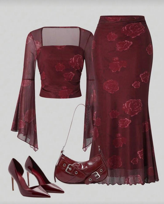 Shein Francila 2Pcs Women rose print Top nad Mermarid Skirt Set