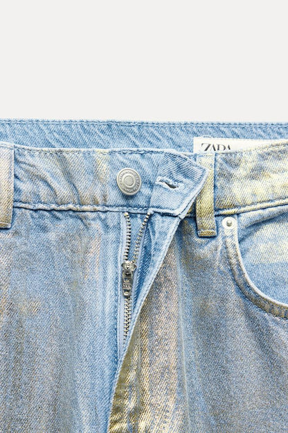 ZARA ZW Collection Relaxed Fit Mid Rise Foil Jeans -Gold