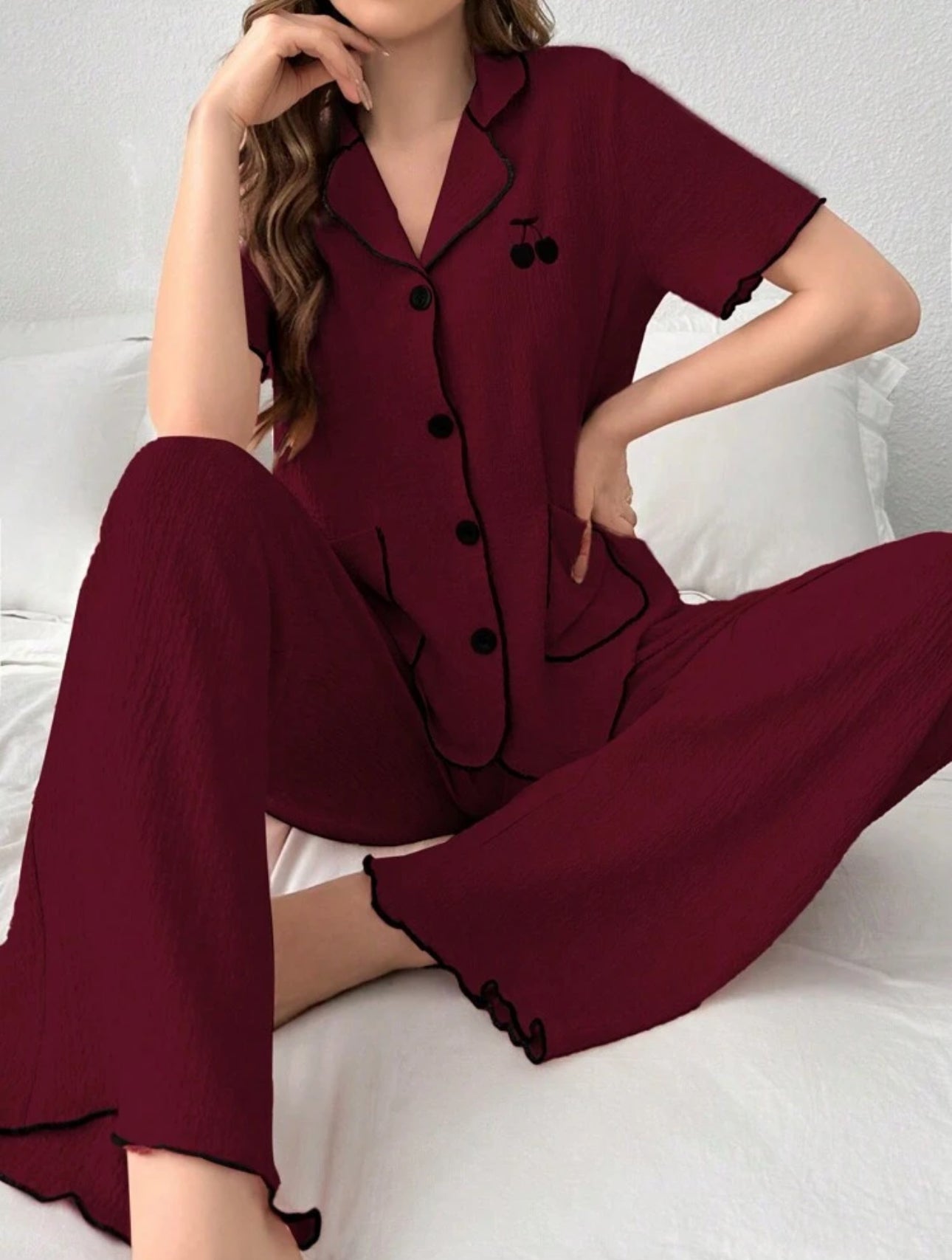 Shein Cherry Embriodery Contrast Trim Short Sleeve Night Suit (Burgundy)