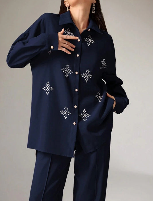 SHEIN Heiryn Womens Snowflake Patteren Rhinestone Décor Top And Pant