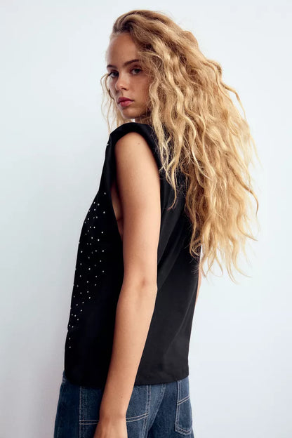 ZARA T-Shirt With Padded Shoulder & Rhinestones -Black