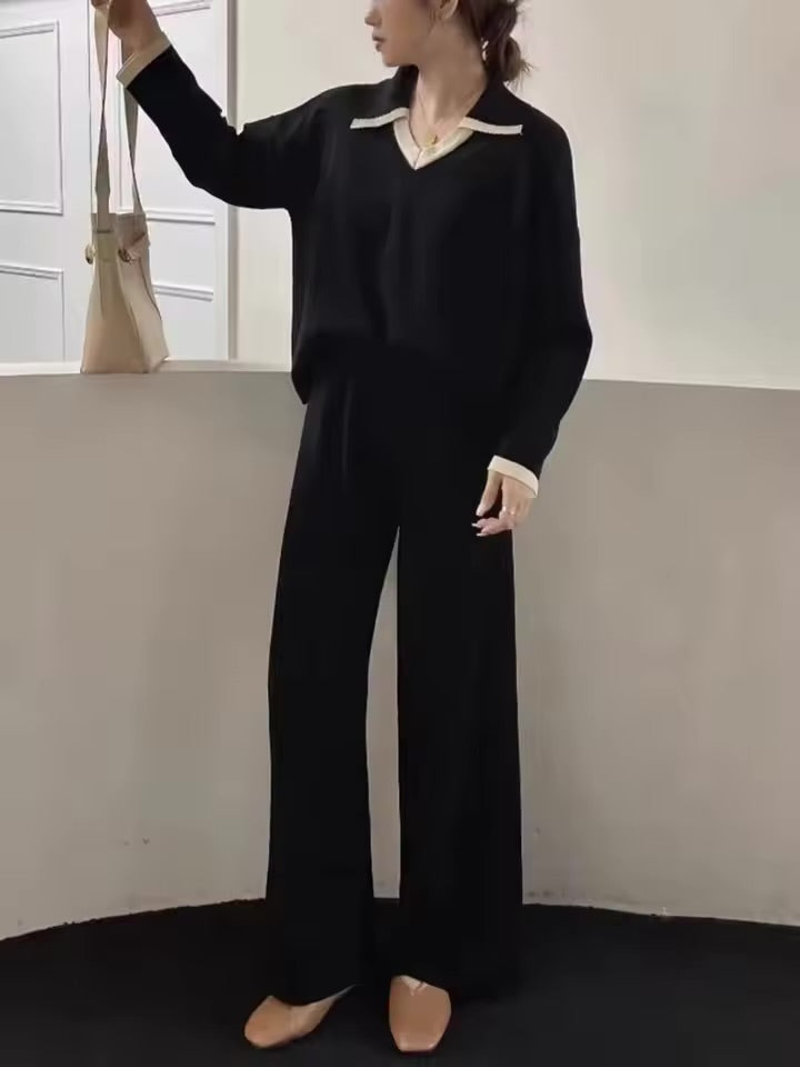 SHEIN Dazy 2pcs Sweater and Wide Leg Pants Cord Set Black