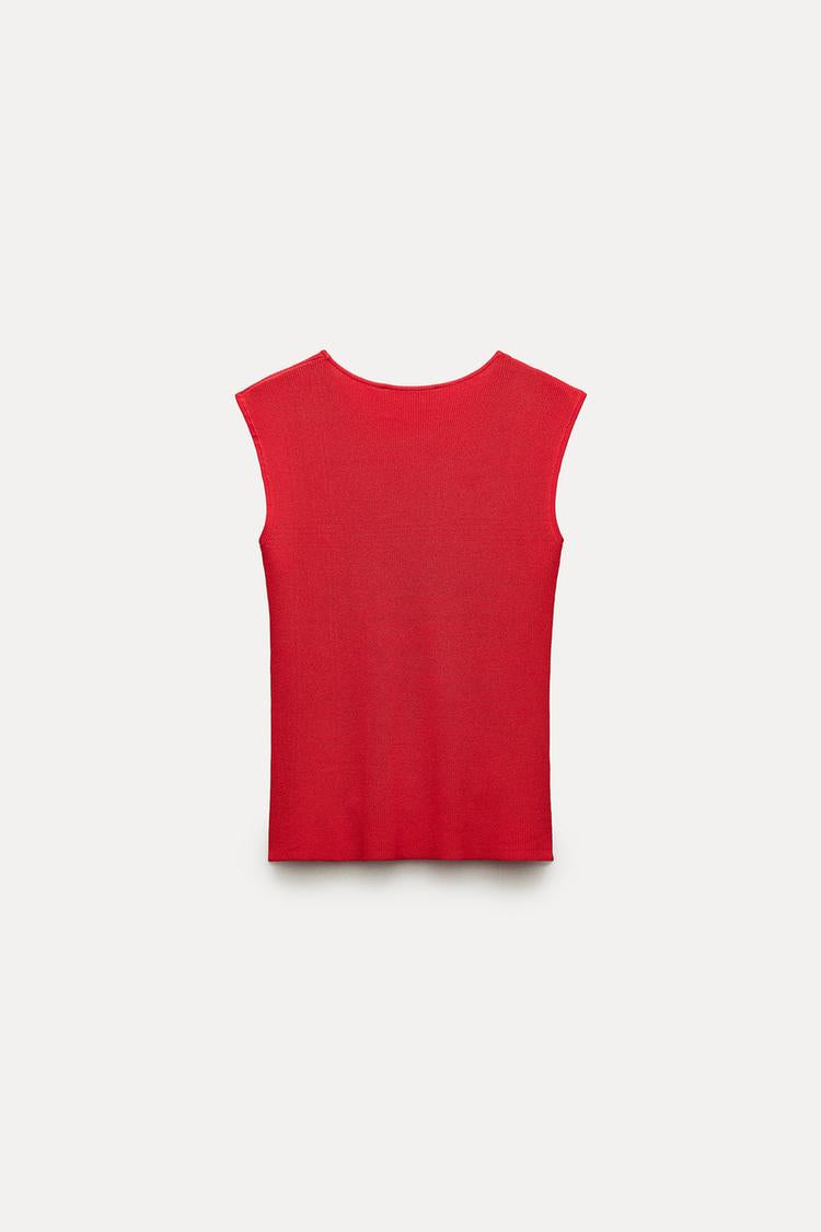 ZARA Knit Top With Gold Button - Red