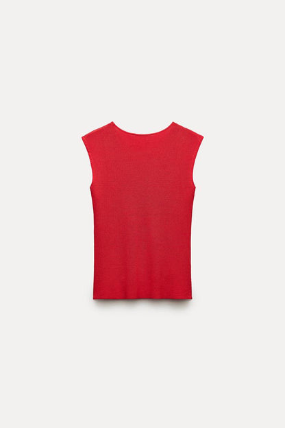 ZARA Knit Top With Gold Button - Red