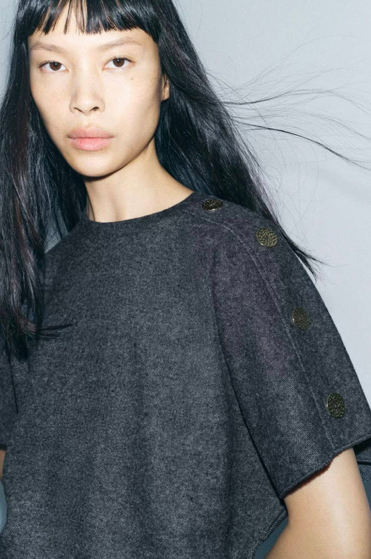 ZARA Soft button Top-Grey Marl