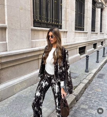 ZARA Animal Print Flocked Jacket-Brown/White