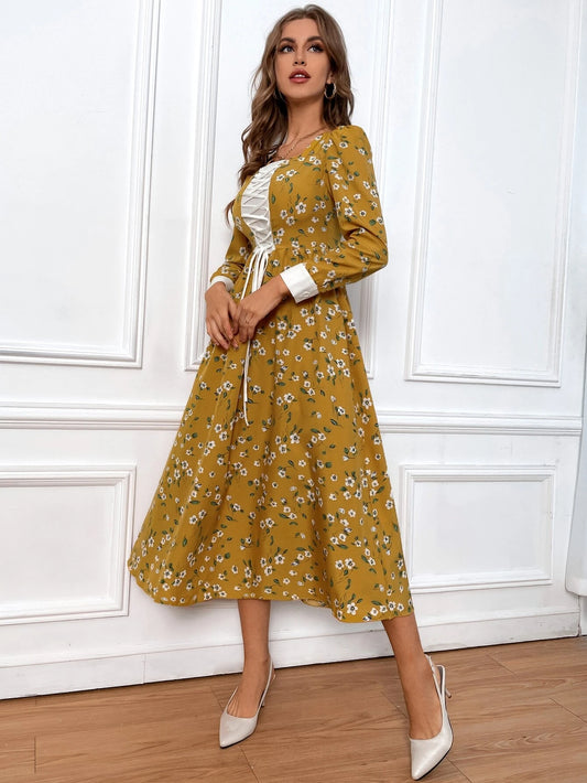 SHEIN Modely Floral Print Lace Up Front Puff Sleeve Dress
