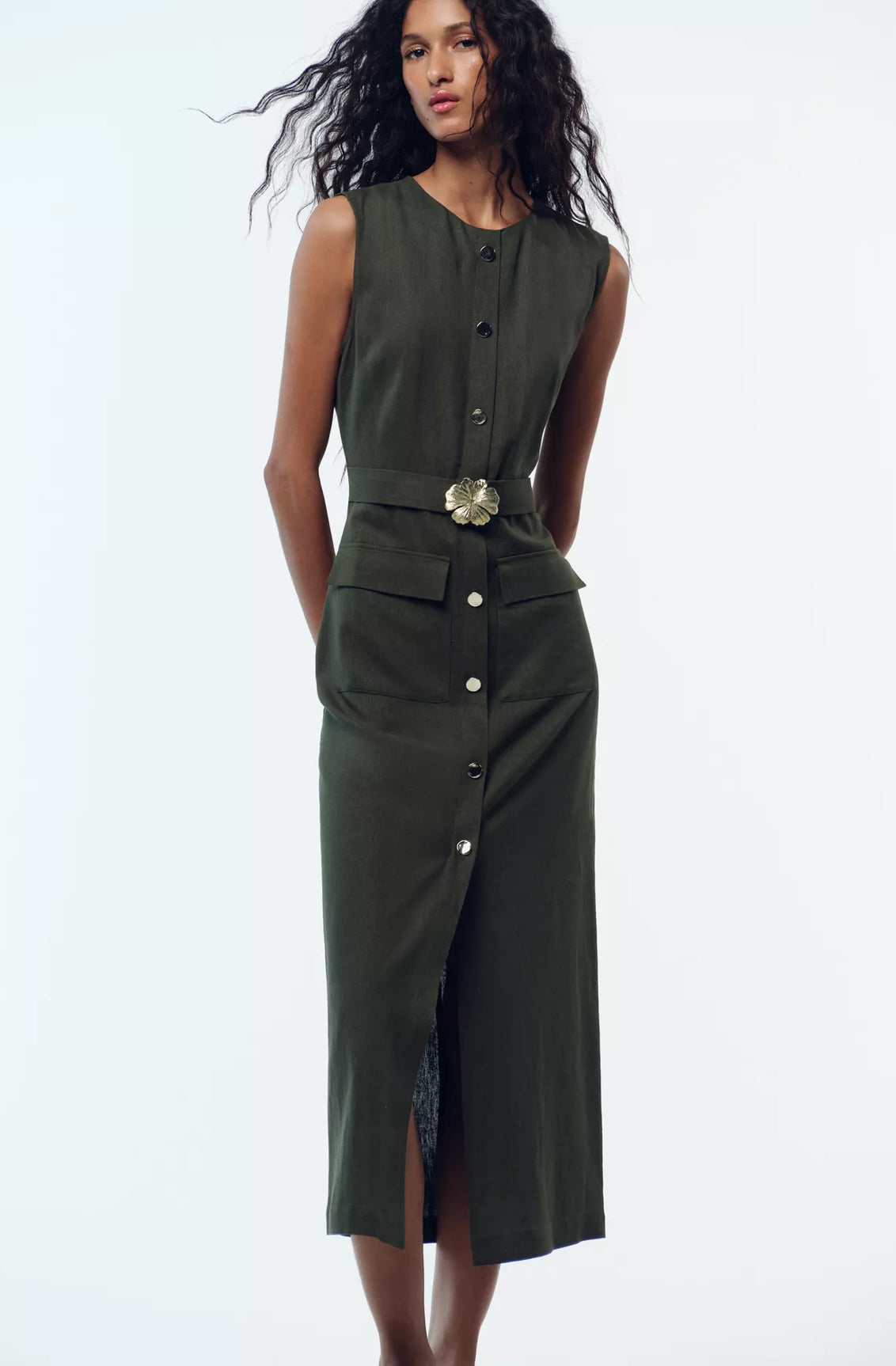 Zara Linen Blend Midi Dress With Belt