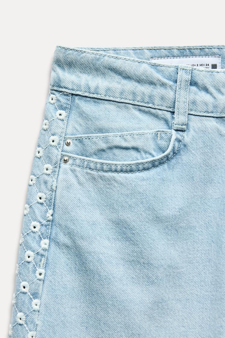 ZARA Wide Leg High Waist jeans With cutwork Embroidery -Mid Blue