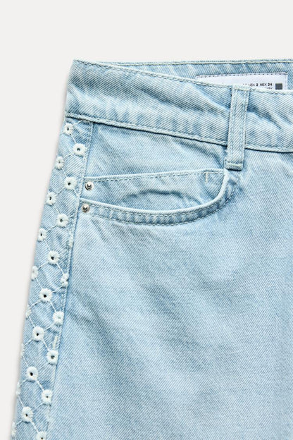 ZARA Wide Leg High Waist jeans With cutwork Embroidery -Mid Blue