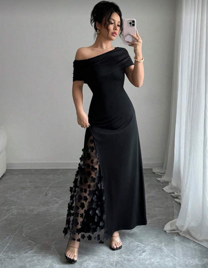 Shein Asymmetric Collar Patchwork 3D Floral Mesh Flower Dress