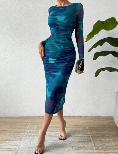 Shein Raffnea Round Neck Pleated Tie Dye Dress Maxii Women Outfit (Royal Blue)