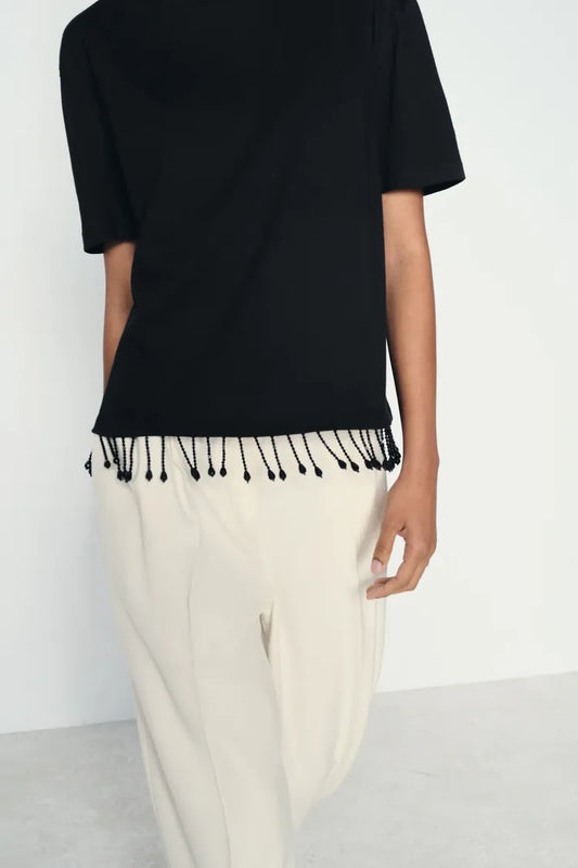 ZARA Jewel Fringe T Shirt - Black