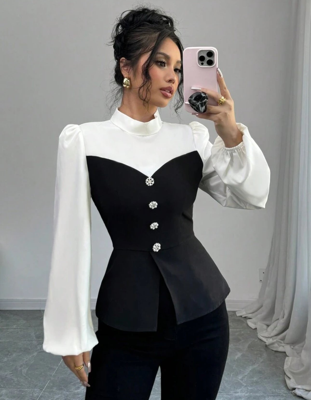 Shein Elenzga Contrast Color Standing Collar  fitted Women Shirt